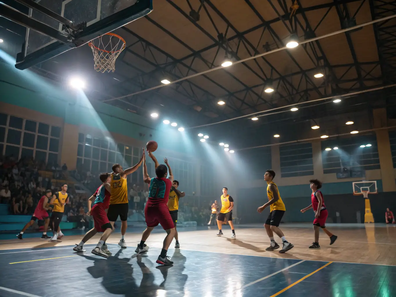A vibrant image of secondary school students playing basketball in a school gymnasium, showcasing teamwork and active participation.