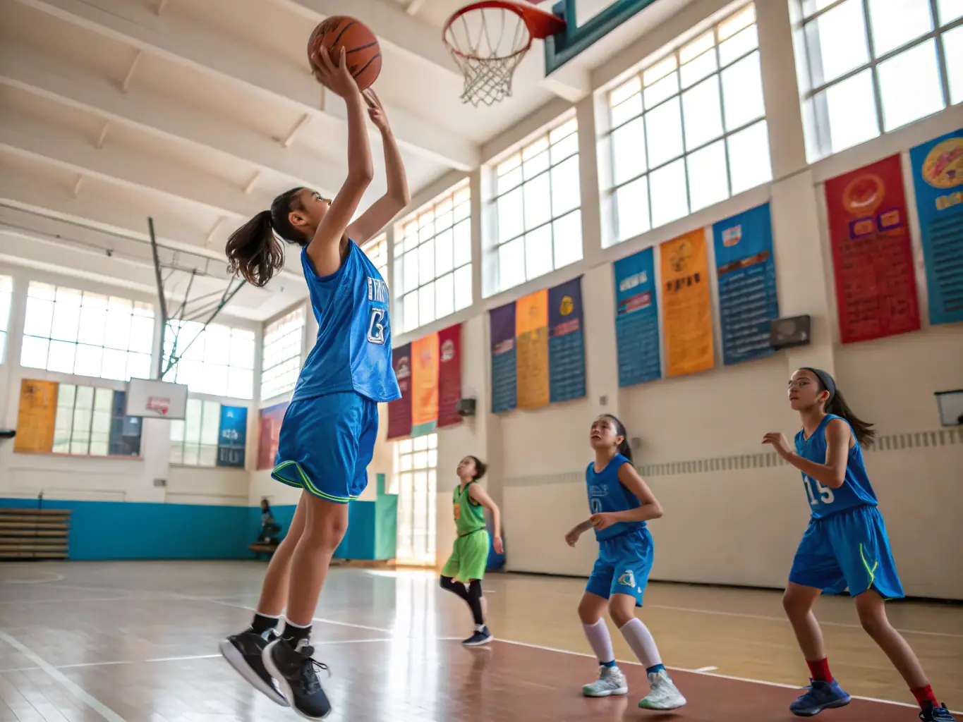 A dynamic image of secondary school students participating in a basketball game, showcasing teamwork and sportsmanship, set against the backdrop of a school gymnasium.