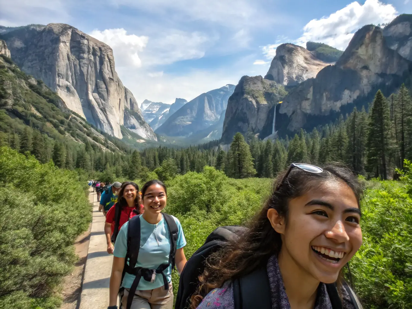 A group of students participating in a recreational sports activity, such as hiking or cycling, emphasizing fun and inclusivity.